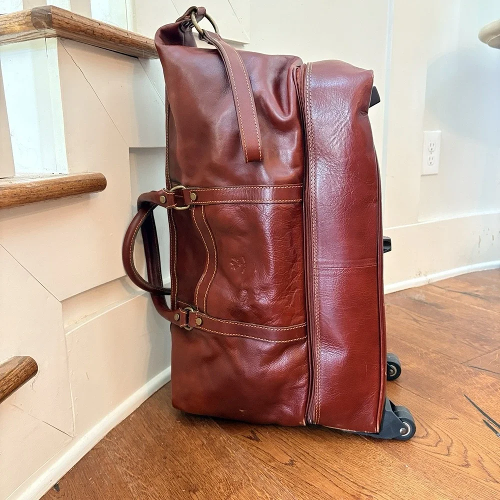 Italian Leather Rolling Duffel Bag Wheeled Weekender Carry On Luggage Brown